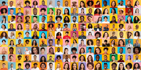Diverse collection of joyful faces showcasing global lifestyles and culturesの写真素材