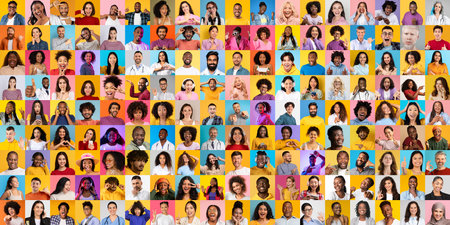 Portrait collage of diverse people showcasing various emotions and lifestyles