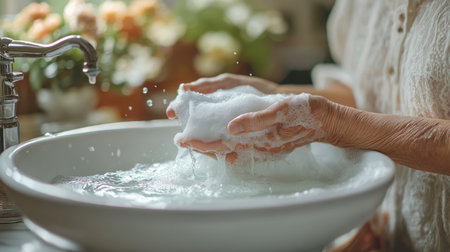 Gentle hands wash with soap in a bowl of water, set in a floral and comforting spaceの素材