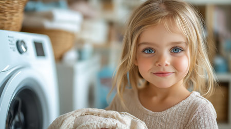 Girl with blue eyes happily holds clean towels in a warm, inviting laundry spaceの素材
