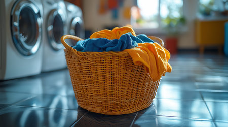 A woven basket filled with brightly colored towels sits on the floor in a sunny laundry roomの素材