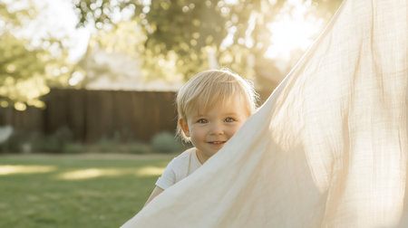 Young child smiles while holding a sheer cloth in a sunlit backyard during evening lightの素材