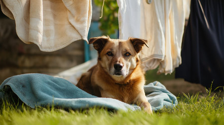 A dog lies comfortably on a blanket in the grass beside drying laundry, enjoying the sunny weatherの素材