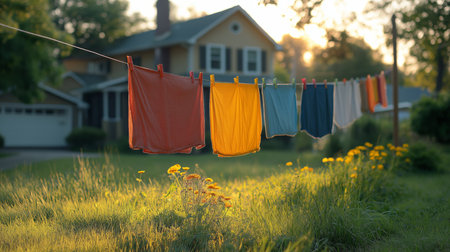 Colorful clothes dry on a line during sunset near a well-kept home surrounded by flowersの素材