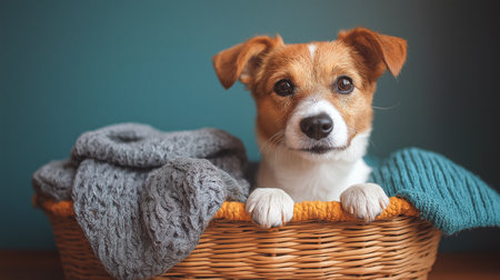 A small dog relaxes in a basket, surrounded by cozy, colorful knitted sweatersの素材