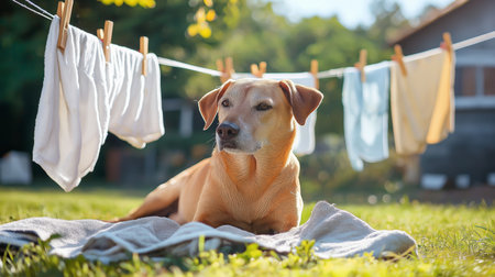A dog rests comfortably on a blanket while laundry dries in the warm sun outsideの素材