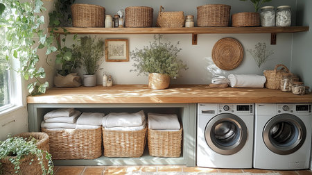 A charming laundry area with wicker baskets, green plants, and neatly folded towelsの素材