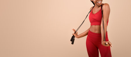 Fitness Concept. Portrait Of Joyful Fit Black Lady Posing With Jump Ropeの写真素材