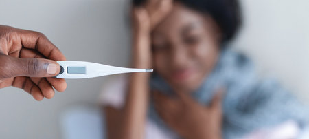 Black woman suffering from fever, thermometer in man hand