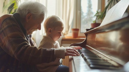 A grandfather teaches his grandson piano, instilling joy and learning in a sunny roomの素材