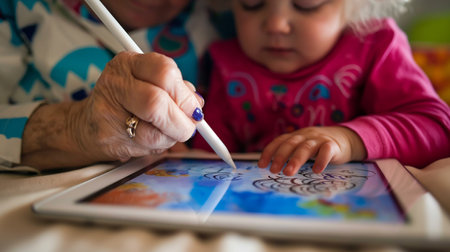 A grandparent aids a child in a digital coloring activity, sparking creativityの素材