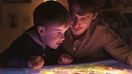 A father teaches his son about geography using a colorful, interactive surface late at nightの素材