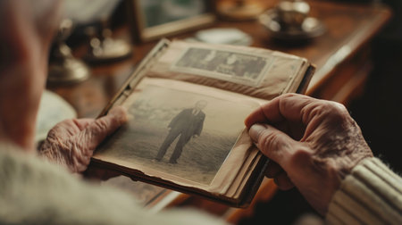 An elder reminisces while holding an old photo album, reflecting on family history and wisdomの素材