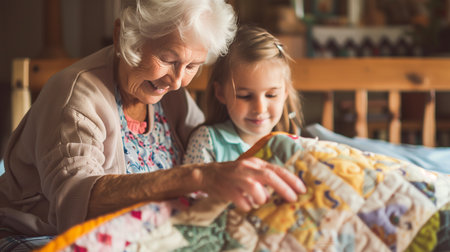 A grandmother and her granddaughter enjoy a joyful quilting moment, bonding through creativityの素材