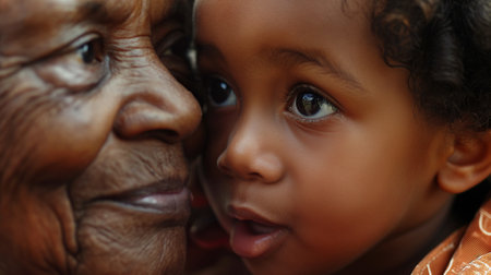 An elderly woman shares a loving moment with her young grandchild, imparting wisdom and warmthの素材