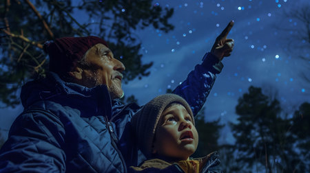 A grandparent shares moments of wonder with a child by pointing at stars during a clear nightの素材