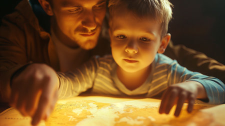 A father and son share a bonding moment, exploring new locations on a glowing map at nightの素材