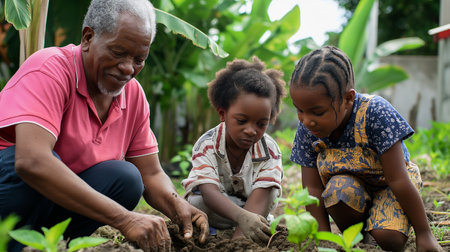 Elder teaches children about gardening while they plant seeds in a vibrant, green settingの素材