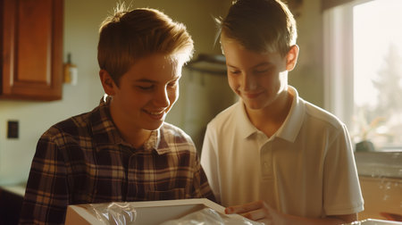 Two boys excitedly unwrap a surprise gift, sharing joy and friendship in a cozy spaceの素材