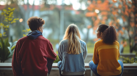 Three friends sit together, enjoying each others company in a peaceful outdoor environmentの素材