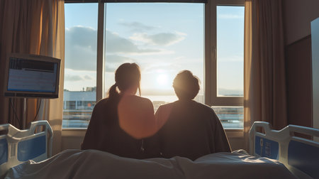 Two individuals sit together by a window, sharing a moment of companionship as the sun setsの素材