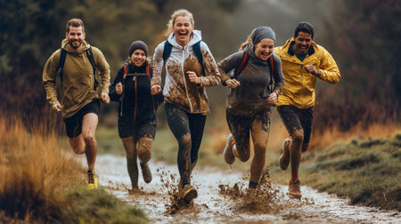 Five friends run together, laughing and splashing through muddy ground under a cloudy skyの素材