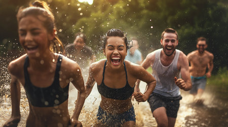 Friends laugh and splash each other while running through a shallow stream during a sunny afternoonの素材