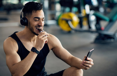 Handsome Muscular Arab Man Relaxing In Gym After Workout, Eating Protein Barの写真素材