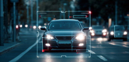 Traffic recognition on a busy road during evening commute hours Generative AIの素材