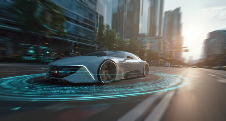 Modern vehicle navigating urban traffic with digital lane recognition technology Generative AIの素材