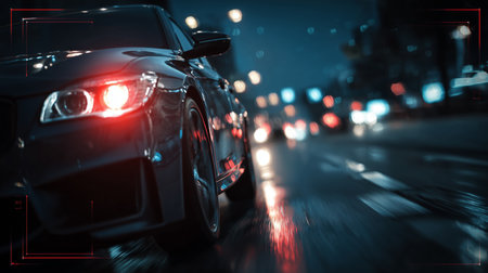 Traffic flows through illuminated lanes at night with reflections on wet pavement Generative AIの素材