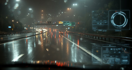 Traffic on illuminated wet road under rain with digital display at night Generative AIの素材