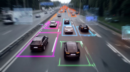 Advanced traffic monitoring system tracks vehicle movements on busy roadway Generative AIの素材
