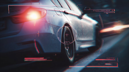 High-speed vehicle navigating busy traffic lanes at dusk on city road Generative AIの素材