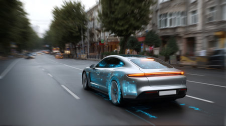 Modern electric vehicle navigating city traffic on a busy urban road in daylight Generative AIの素材