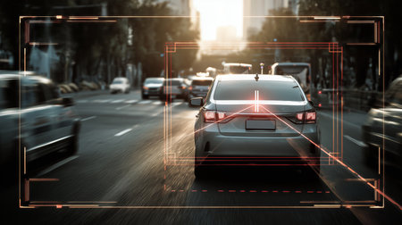 Traffic lanes depicted with advanced recognition technology on a busy road Generative AIの素材