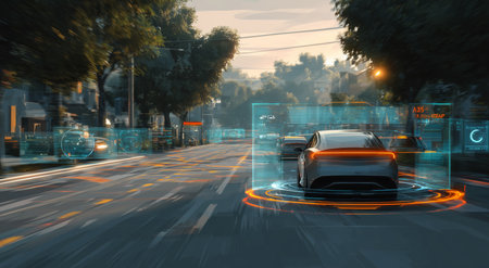 Traffic lanes with smart recognition technology in urban setting during sunset Generative AIの素材