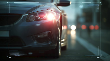 Traffic lanes with vehicles illuminated by headlights during dusk on a busy road Generative AIの素材