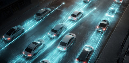 Traffic flows smoothly on urban road with illuminated lanes at night Generative AIの素材