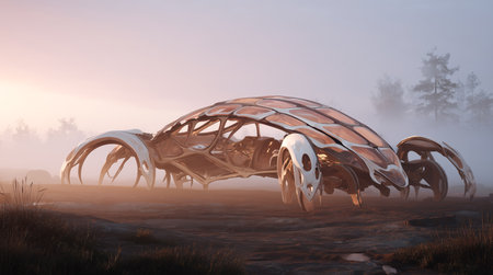 Bioengineered vehicle mimicking muscular movement on a misty landscape Generative AIの素材