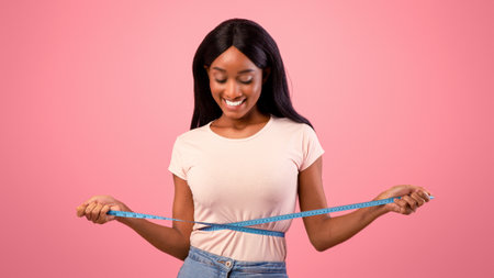 Weight loss and healthy lifestyle concept. Slim black woman measuring her waist with tape over pink...