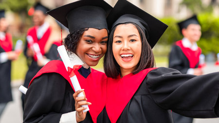 Cheerful young ladies in graduation robes taking selfieの写真素材