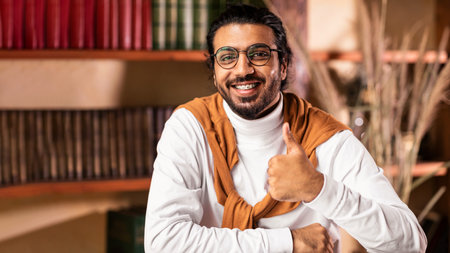 Indian Student Gesturing Thumbs-Up Approving Education Sitting In Library Indoorsの写真素材