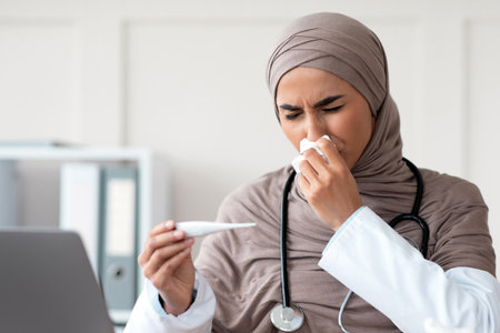 Ill doctor sneezing nose and checking fever, clinic interiorの写真素材