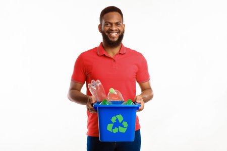 African Male Holding Box With Recycle Symbol On White Backgroundの写真素材