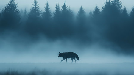 A solitary wolf strolls amidst dense fog in a tranquil forest setting during early morningの素材