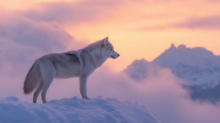 A white wolf gazes into the distance atop a snow-covered terrain as sunlight breaks through cloudsの素材