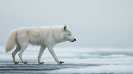 An arctic fox is seen walking on ice in a vast, cold environment with overcast skiesの素材
