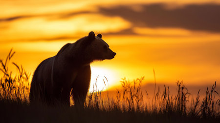 A grizzly bear stands in profile, outlined by a stunning sunset over wild grassesの素材