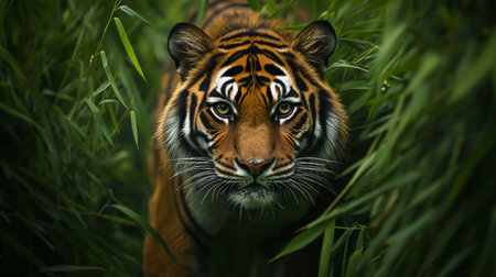 A powerful tiger moves stealthily among tall green grass, showcasing its striking featuresの素材